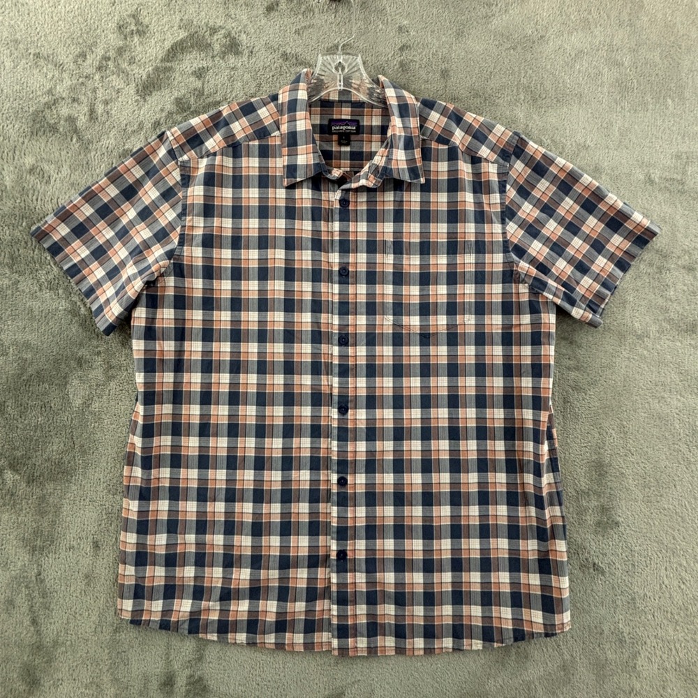 Patagonia Fezzman Shirt Mens L Blue Orange Plaid Short Sleeve Organic 53964
